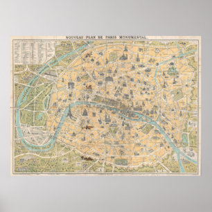 Pôster Mapa do vintage de Paris France (1890)