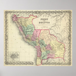 Poster Mapa do vintage de Peru e de Bolívia (1856)