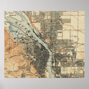 Pôster Mapa do vintage de Portland Oregon (1896)
