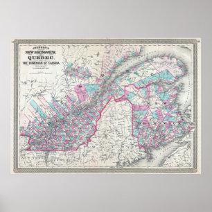 Pôster Mapa do vintage de Quebeque e de Novo Brunswick
