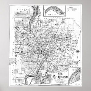 Pôster Mapa do vintage de Rochester NY (1901) BW