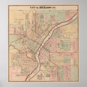 Poster Mapa do vintage de Rockford IL (1886)