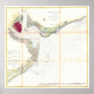 Poster Mapa do vintage de SC do porto de Charleston