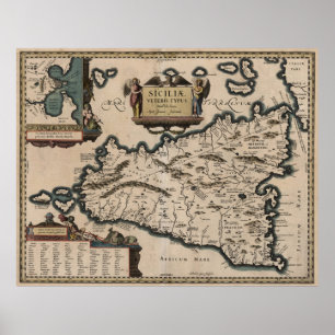 Poster Mapa do vintage de Sicília Italia (1619)