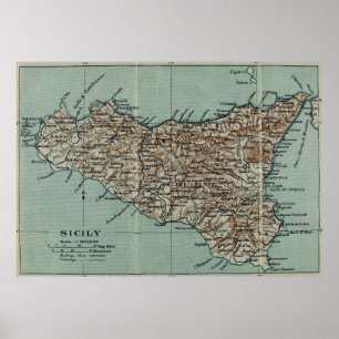 Poster Mapa do vintage de Sicília Italia (1911)