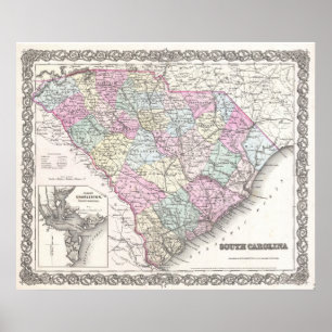 Poster Mapa do vintage de South Carolina (1855)