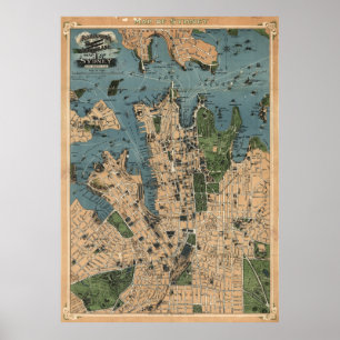 Pôster Mapa do vintage de Sydney Austrália (1922)