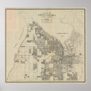 Poster Mapa do vintage de Tacoma Washington (1907)