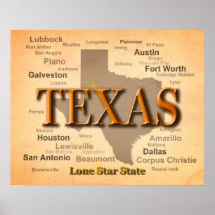 Poster Mapa do vintage de Texas