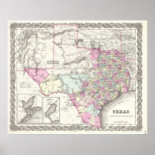 Pôster Mapa do vintage de Texas (1855)