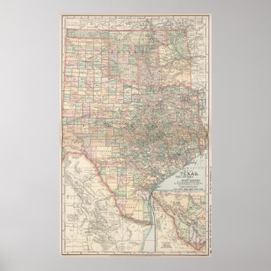 Pôster Mapa do vintage de Texas e de Oklahoma (1891)