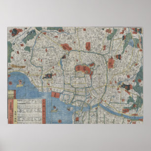 Pôster Mapa do vintage de Tokyo Japão (1850)