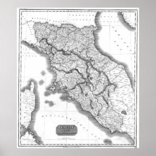 Pôster Mapa do vintage de Toscânia Italia (1814) BW
