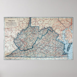Pôster Mapa do vintage de Virgínia e de West Virginia