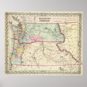 Pôster Mapa do vintage de Washington e de Oregon (1856)