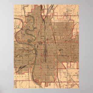 Poster Mapa do vintage de Wichita Kansas (1943)
