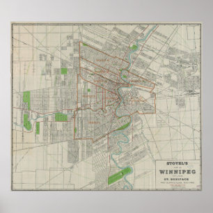 Pôster Mapa do vintage de Winnipeg Canadá (1917)