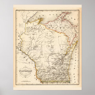 Poster Mapa do vintage de Wisconsin 1852