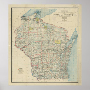 Pôster Mapa do vintage de Wisconsin (1895)