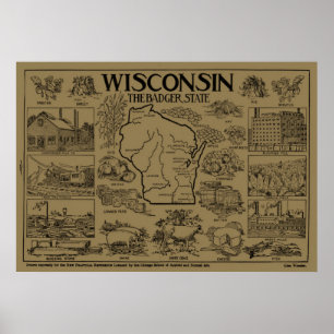 Poster Mapa do vintage de Wisconsin (1912) - Tan