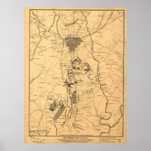 Pôster Mapa do vintage do campo de batalha de Gettysburg