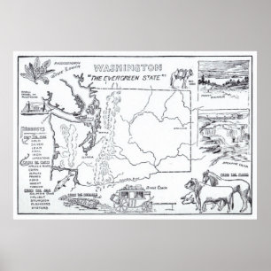 Poster Mapa do vintage do estado de Washington (1912)