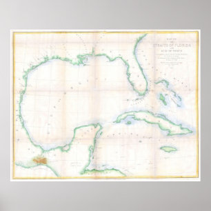 Poster Mapa do vintage do Golfo do México (1852)