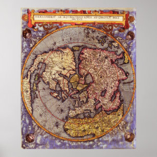 Pôster Mapa do vintage do hemisfério Norte do mundo