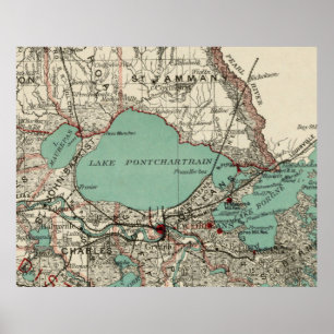 Poster Mapa do vintage do lago Pontchartrain (1887)