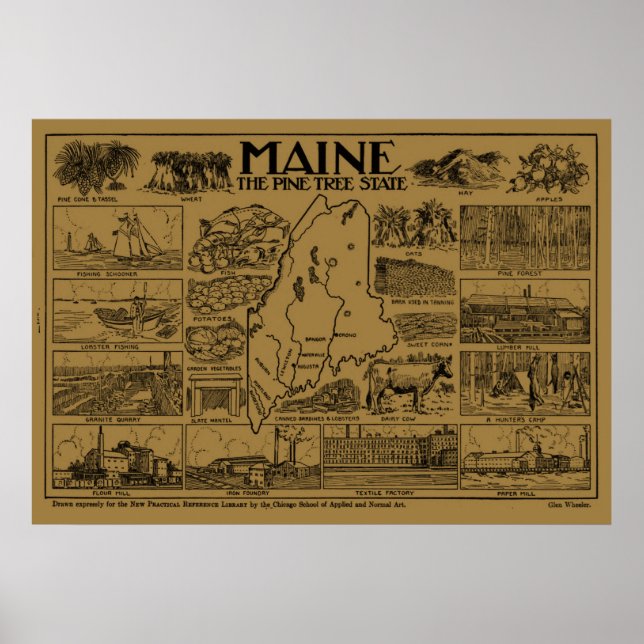 Poster Mapa do Vintage do Maine (1912) - Tan (Frente)