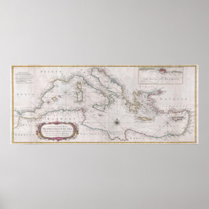 Poster Mapa do vintage do mar Mediterrâneo (1745)
