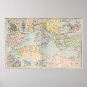 Pôster Mapa do vintage do mar Mediterrâneo (1891)
