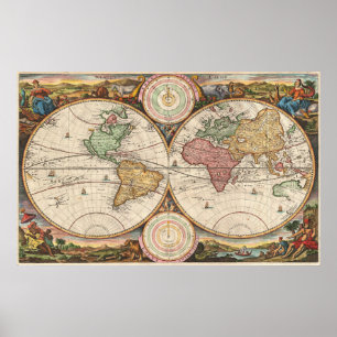 Poster Mapa do vintage do mundo (1730)