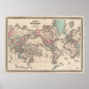 Poster Mapa do vintage do mundo (1870)