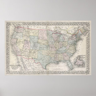 Pôster Mapa do vintage dos Estados Unidos (1867)