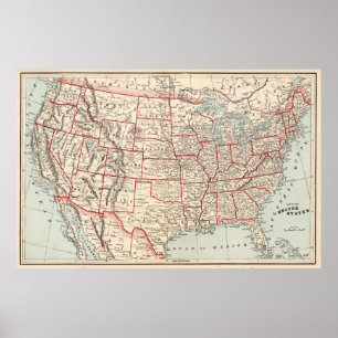 Poster Mapa do vintage dos Estados Unidos (1893)