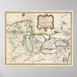 Poster Mapa do vintage dos grandes lagos (1755)