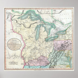 Poster Mapa do vintage dos grandes lagos & do Midwest
