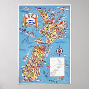 Poster Mapa do Vintage Fun da Nova Zelândia
