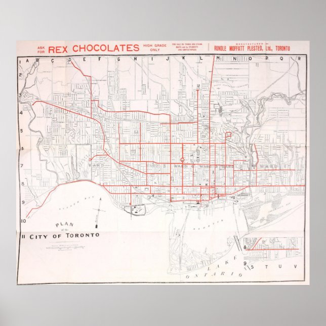Pôster Mapa do Vintage Toronto Streetcar (1912) (Frente)