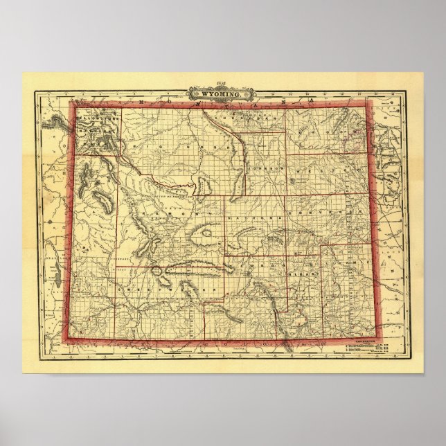 Pôster Mapa do Wyoming em 1895 (Frente)