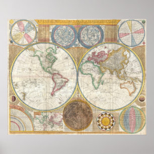 Pôster Mapa dobro do hemisfério do vintage do mundo