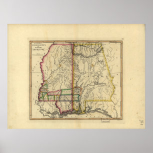 Poster mapa dos 1810's de Mississippi & de Alabama