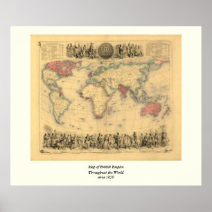 Pôster mapa dos 1850's do Império Britânico no mundo