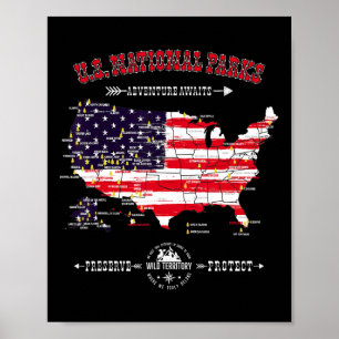 Poster Mapa dos 63 Parques Nacionais - Bandeira Americana