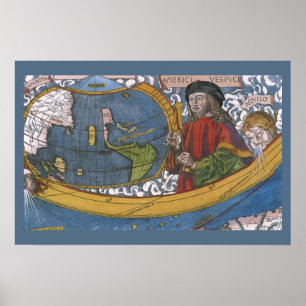 Pôster Mapa dos Americas com explorador Amerigo Vespucci