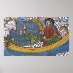 Pôster Mapa dos Americas com explorador Amerigo Vespucci