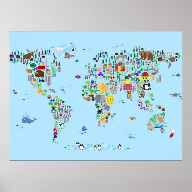 Poster Mapa dos animais do mundo (Frente)