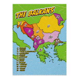 Pôster Mapa dos Balcãs Ilustrados com pop Art