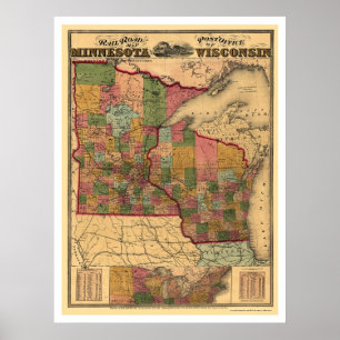 Poster Mapa dos Caminhos de Ferro de Minnesota e Wisconsi